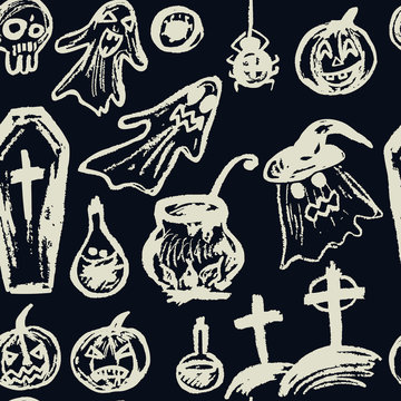 Halloween. Seamless Pattern. Collection of festive elements. Autumn holidays. Ghosts, pumpkins, eyes, coffin, potion, skull, spider, cemetery, cauldron