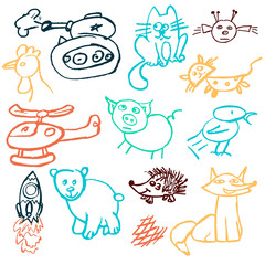 Obraz premium Cute children's drawing. Icons, signs, symbols, pins