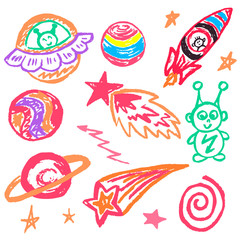 Cute children's drawing. Icons, signs, symbols, pins