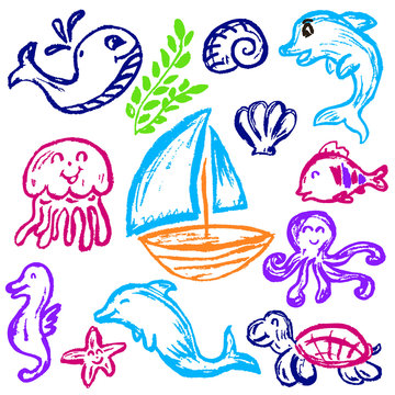 Cute children's drawing. Colored wax crayons. Icons, signs, symbols, pins. Marine elements. ship, jellyfish, octopus, whale, dolphin