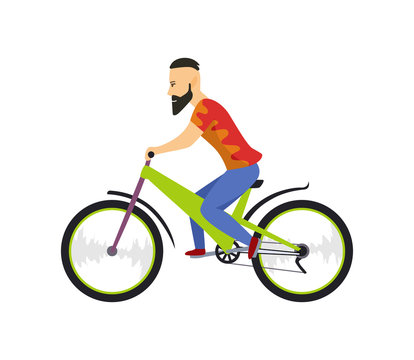 Men riding bicycle. With bicycle and boy in sportswear. Cartoon character design. Flat vector illustration isolated on white background.