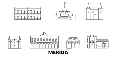 Mexico, Merida flat travel skyline set. Mexico, Merida black city vector panorama, illustration, travel sights, landmarks, streets.