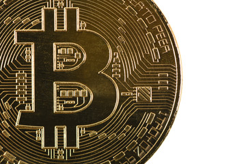 Golden bitcoin isolated on white background.