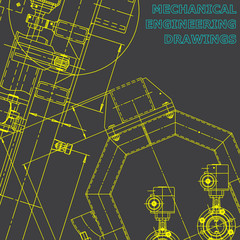 Blueprint, Sketch. Vector engineering illustration. Cover, flyer, banner, background. Instrument-making drawings. Mechanical engineering drawing. Technical illustration. Corporate Identity. Gray