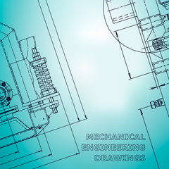Blueprint, Sketch. Vector engineering illustration. Cover, flyer, banner, background. Instrument-making drawings. Light blue