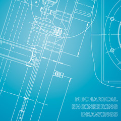 Blueprint, Sketch. Vector engineering illustration. Cover, flyer, banner, background. Instrument-making drawings. Corporate Identity. Blue and white