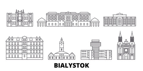 Poland, Bialystok flat travel skyline set. Poland, Bialystok black city vector panorama, illustration, travel sights, landmarks, streets.