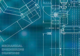 Vector engineering illustration. Mechanical engineering drawing. Instrument-making drawings. Computer aided design systems. Technical Blue background. Grid