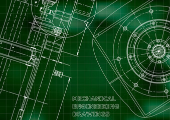 Blueprint, Sketch. Vector engineering illustration. Cover, flyer, banner, Green background. Grid. Instrument-making drawing