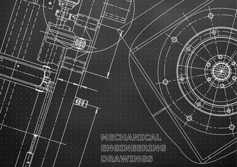 Blueprint, Sketch. Vector engineering illustration. Cover, flyer, banner, Black background. Points. Instrument-making drawing