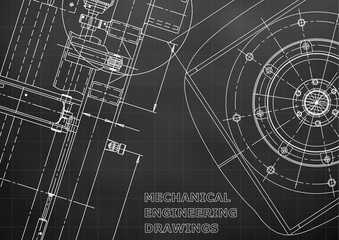 Blueprint, Sketch. Vector engineering illustration. Cover, flyer, banner, Black background. Grid. Instrument-making drawing