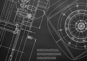 Blueprint, Sketch. Vector engineering illustration. Cover, flyer, banner, Black background. Instrument-making drawing