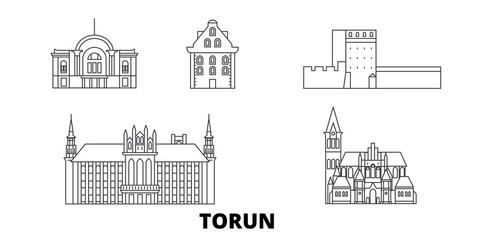 Poland, Torun flat travel skyline set. Poland, Torun black city vector panorama, illustration, travel sights, landmarks, streets.