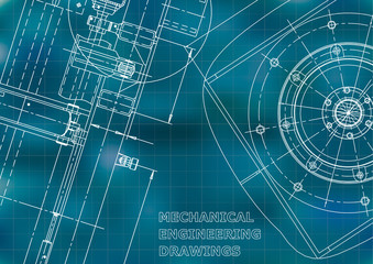 Blueprint, Sketch. Vector engineering illustration. Cover, flyer, banner, Blue background. Grid. Instrument-making drawing