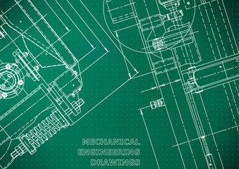Blueprint. Vector engineering illustration. Computer aided design systems. Instrument-making drawings. Mechanical engineering drawing. Scheme, plan, outline. Light green background. Points