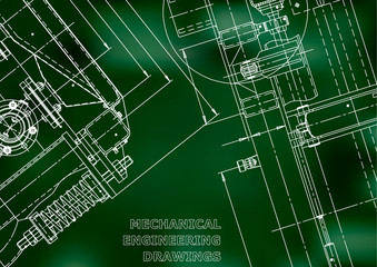 Blueprint. Vector engineering illustration. Computer aided design systems. Instrument-making drawings. Mechanical engineering drawing. Scheme, plan, outline. Green background