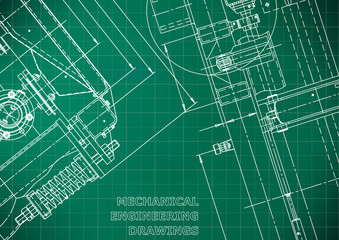 Blueprint. Vector engineering illustration. Computer aided design systems. Instrument-making drawings. Mechanical engineering drawing. Scheme, plan, outline. Light green background. Grid