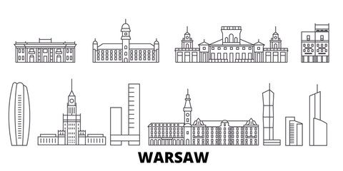 Poland, Warsaw flat travel skyline set. Poland, Warsaw black city vector panorama, illustration, travel sights, landmarks, streets.