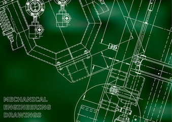 Fototapeta premium Blueprint, Sketch. Vector engineering illustration. Cover, flyer, banner, background. Instrument-making drawings. Mechanical engineering drawing. Technical illustrations, Green background. Scheme