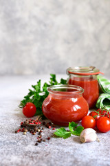 Homemade tomato sauce in a vintage jar.