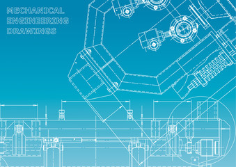 Computer aided design systems. Blueprint, scheme, plan, sketch. Technical illustrations, background. Blue and white