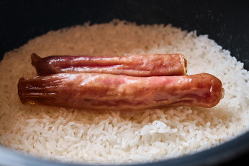Two Steamed Chinese Pork Sausage in a Rice Cooker