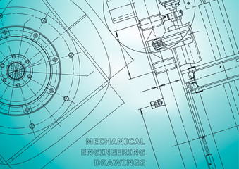 Blueprint. Vector engineering illustration. Cover, flyer, banner, background. Instrument-making drawings. Mechanical engineering drawing. Technical illustrations, background. Light blue