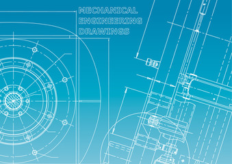 Blueprint. Vector engineering illustration. Cover, flyer, banner, background. Instrument-making drawings. Mechanical engineering drawing. Blue and white