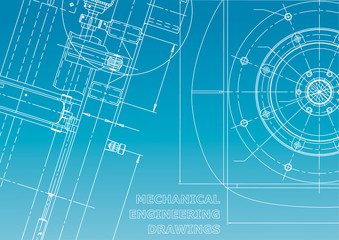 Fototapeta premium Blueprint. Vector engineering illustration. Cover, flyer, banner, background. Instrument-making drawings. Mechanical drawing. Blue and white