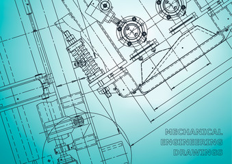 Blueprint. Vector engineering drawings. Mechanical instrument making. Technical abstract backgrounds. Technical illustration, cover, banner. Light blue