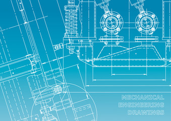 Blueprint. Vector engineering drawings. Mechanical instrument making. Technical abstract backgrounds. Technical illustration. Blue and white