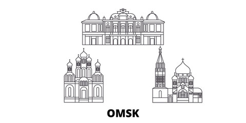 Russia, Omsk flat travel skyline set. Russia, Omsk black city vector panorama, illustration, travel sights, landmarks, streets.