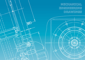 Blueprint. Vector drawing. Mechanical instrument making. Blue and white