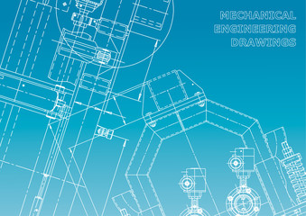 Blueprint, Sketch. Vector engineering illustration. Cover, flyer, banner, background. Instrument-making drawings. Mechanical engineering drawing. Technical illustrations, backgrounds. Blue and white