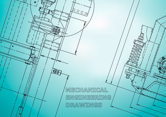Blueprint, Sketch. Vector engineering illustration. Cover, flyer, banner, background. Instrument-making drawings. Mechanical engineering drawing. Technical illustration. Light blue