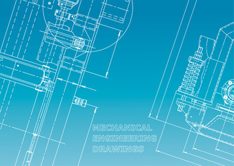 Blueprint, Sketch. Vector engineering illustration. Cover, flyer, banner, background. Instrument-making drawings. Mechanical engineering drawing. Technical illustration. Blue and white
