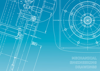 Blueprint, Sketch. Vector engineering illustration. Cover, flyer, banner, background. Instrument-making drawings. Mechanical drawing. Blue and white