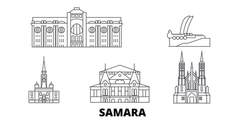 Russia, Samara flat travel skyline set. Russia, Samara black city vector panorama, illustration, travel sights, landmarks, streets. - obrazy, fototapety, plakaty