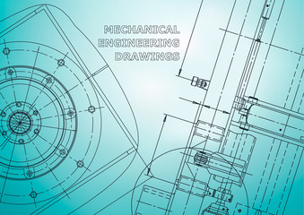 Blueprint, Sketch. Vector engineering illustration. Cover, flyer, banner, background. Instrument-making drawings. Light blue