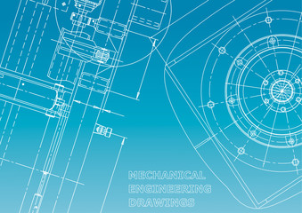 Blueprint, Sketch. Vector engineering illustration. Cover, flyer, banner, background. Instrument-making drawing. Blue and white
