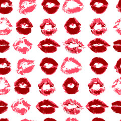 Seamless pattern. Hand drawing. Acrylic paints, brushes. Background for your creativity. Lips, kiss, lipstick. Red