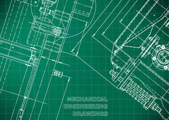 Vector illustration. Computer aided design system. Instrument-making. Light green background. Grid