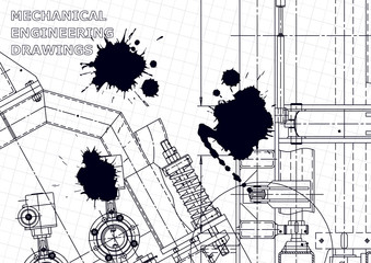 Vector engineering illustration. Mechanical engineering drawing. Instrument-making drawings. Computer aided design systems. Black Ink. Blots