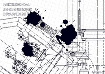 Vector engineering illustration. Mechanical engineering drawing. Instrument-making drawing. Black Ink. Blots
