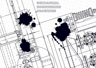 Vector engineering drawings. Mechanical instrument making. Black Ink. Blots. Technical illustration