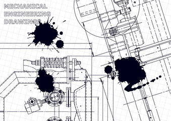 Sketch. Vector engineering illustration. Cover, flyer, banner, Black Ink. Blots