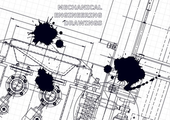 Sketch. Vector engineering illustration. Computer aided design systems. Instrument-making drawings. Black Ink. Blots. Technical illustrations, backgrounds. Blueprint