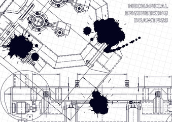 Mechanical instrument making. Technical illustration. Black Ink. Blots. Technical background