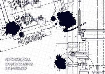 Machine-building industry. Instrument-making drawings. Computer aided design systems. Technical illustrations, backgrounds. Black Ink. Blots. Blueprint, diagram