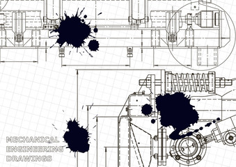 Machine-building industry. Computer aided design systems. Technical illustrations, backgrounds. Mechanical engineering drawing. Black Ink. Blots. Blueprint, diagram, plan, sketch